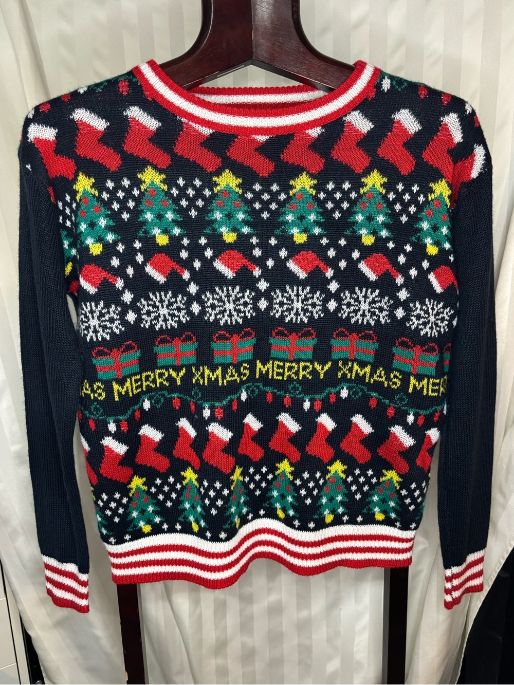 Light Navy Christmas Knit Sweater with Trees & Stockings